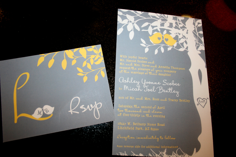 Wedding Invitation Grey Yellow Birds cakes likes a party